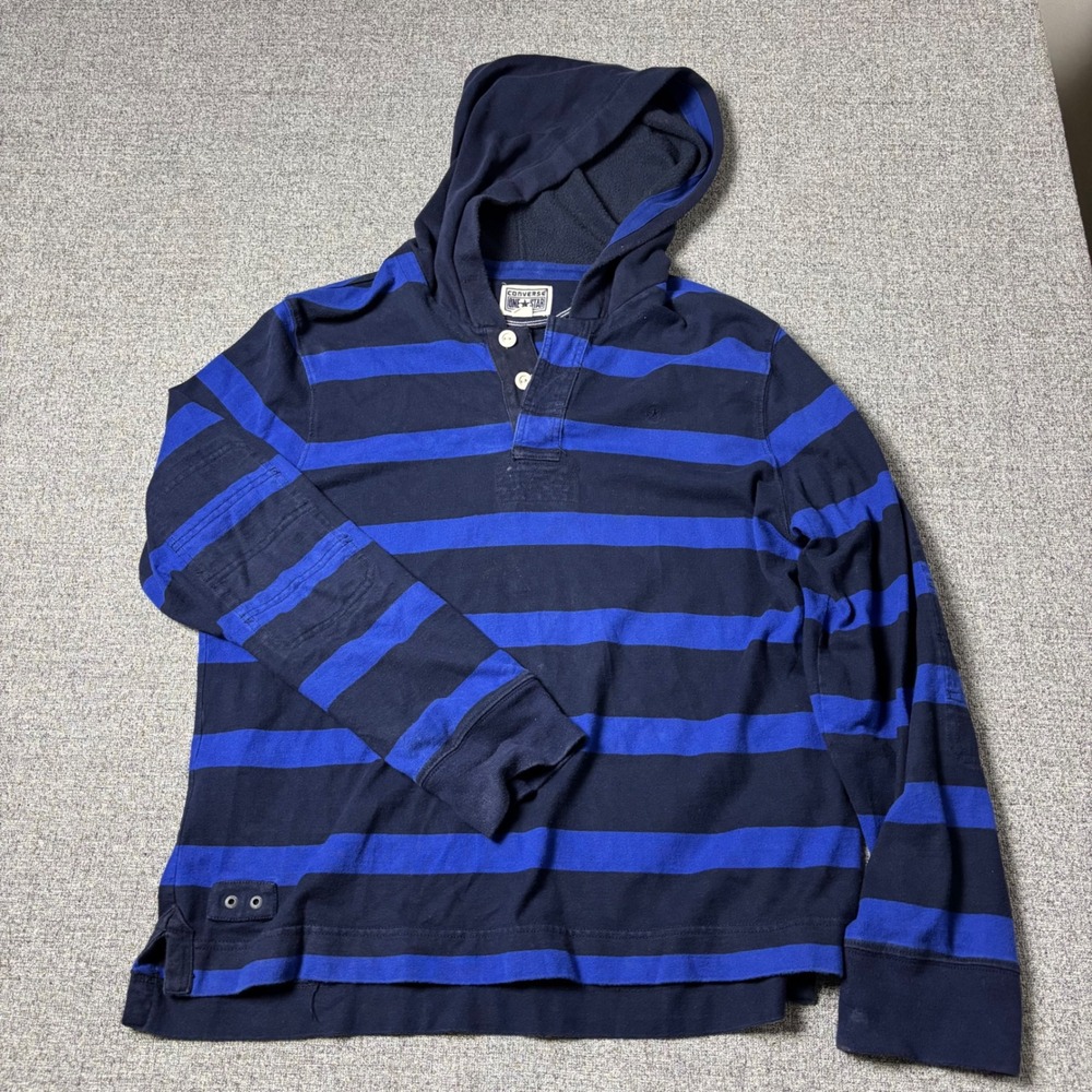 Converse Rugby Hoodie Mens L Blue Striped Elbow Patch Long Sleeve Pullover